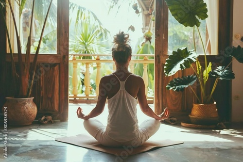 Tranquil Home Yoga  Woman Finding Peace in Lotus Pose