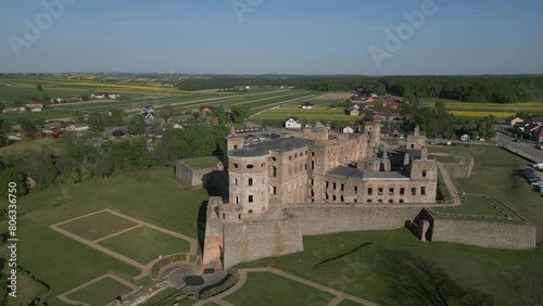Old, ruined castle Krzyztopor in Ujazd, Poland, built in 17th century, the castle was partially destroyed during the Swedish invasion and ruined in 18th century, aerial view, spring. photo