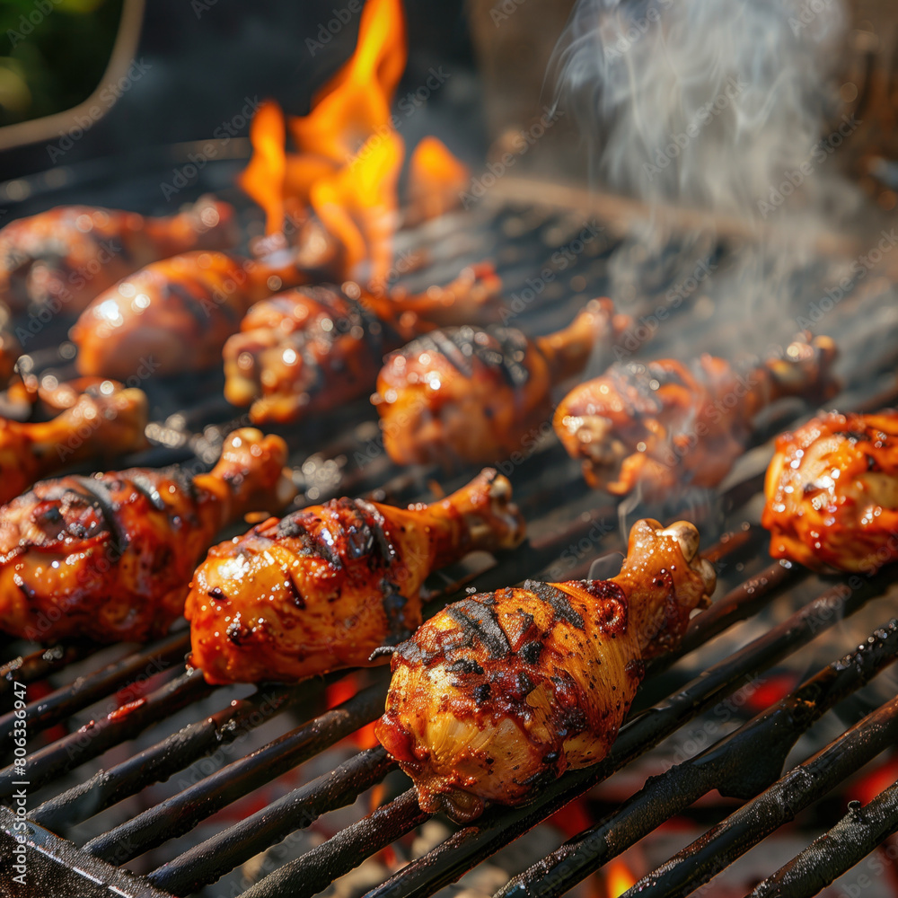 multiple chicken drumsticks on a grill with smoke and fire effects