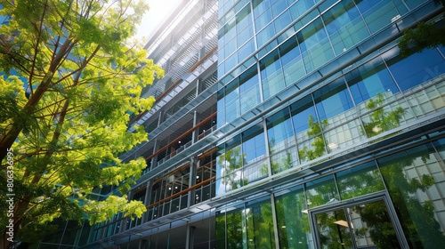 An image showcasing a modern office building with reflective glass facade nestled among vibrant green trees