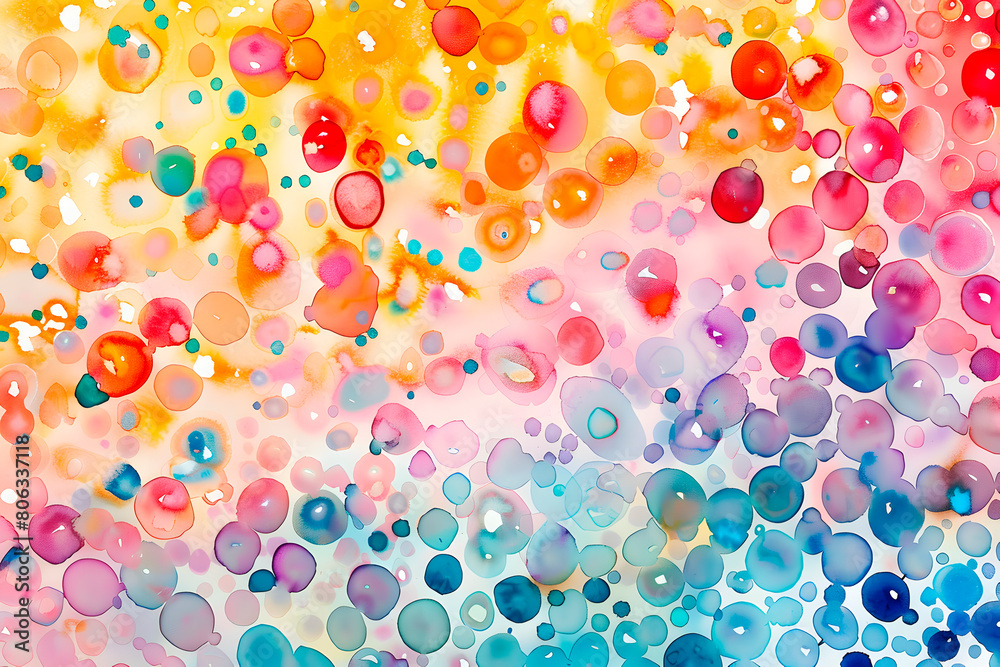 Abstract colorful watercolor background with many multi-colored rounds and stains. Colorful and bright illustration. Hand-drawn art.