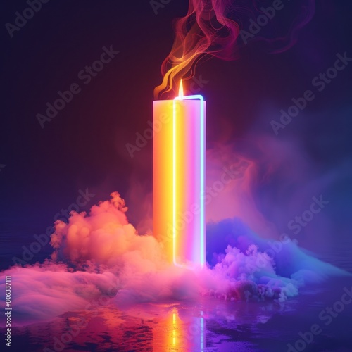 3D candle with neon light and fog.