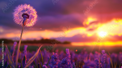 A dandelion blowing in the wind at sunset. photo