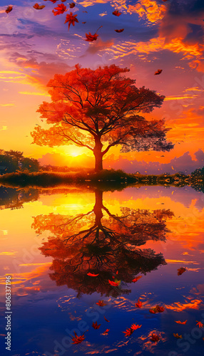 A tree is reflected in the water at sunset.