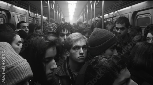 Crowded subway train with diverse passengers in close contact, black and white photography. Urban life and public transportation concept. Design for social campaign, documentary