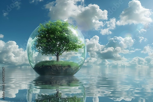 glass transparent sphere with tree inside on clear water symbolized planet earth and ecology, concept of life and nature protection, environment day wallpaper, importance of water