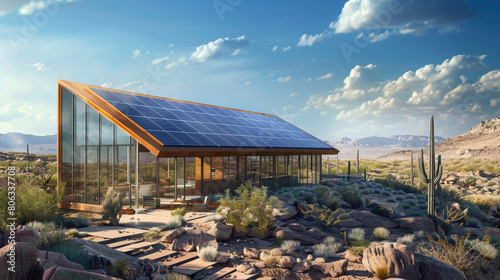 A solar-powered desert house with large windows offering panoramic views of the arid surroundings photo