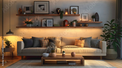 A sophisticated living room design highlighted by a chic wood floating shelf, elegantly organizing various ornaments and artifacts photo