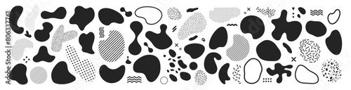 Random abstract liquid organic black irregular blotch shapes. Different forms, shape, splash vector black silhouettes set isolated on transparent background