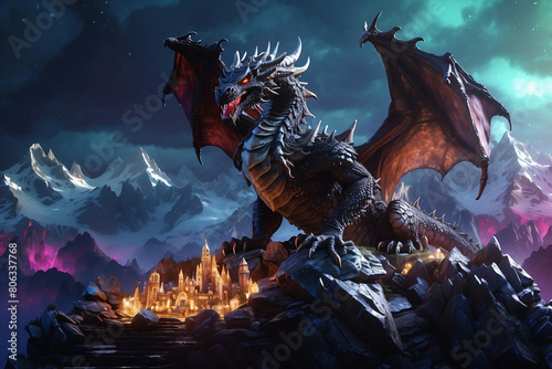 Fantasy of a mighty dragon guarding a treasure at night during the aurora photo