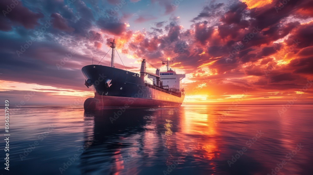 A dramatic image of a large cargo ship sailing on calm waters under a fiery sunset sky A dramatic image of a large cargo ship sailing on calm waters under a fiery sunset sky