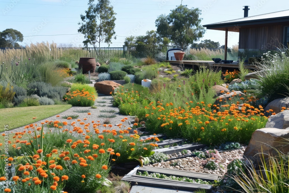 Australian Native Garden - Beautiful home garden with blooming orange flowers and ornamental grasses