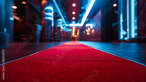 A red carpet in a building with lights. photo