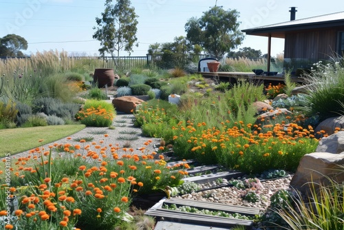 Fototapeta Naklejka Na Ścianę i Meble -  Australian Native Garden - Beautiful home garden with blooming orange flowers and ornamental grasses