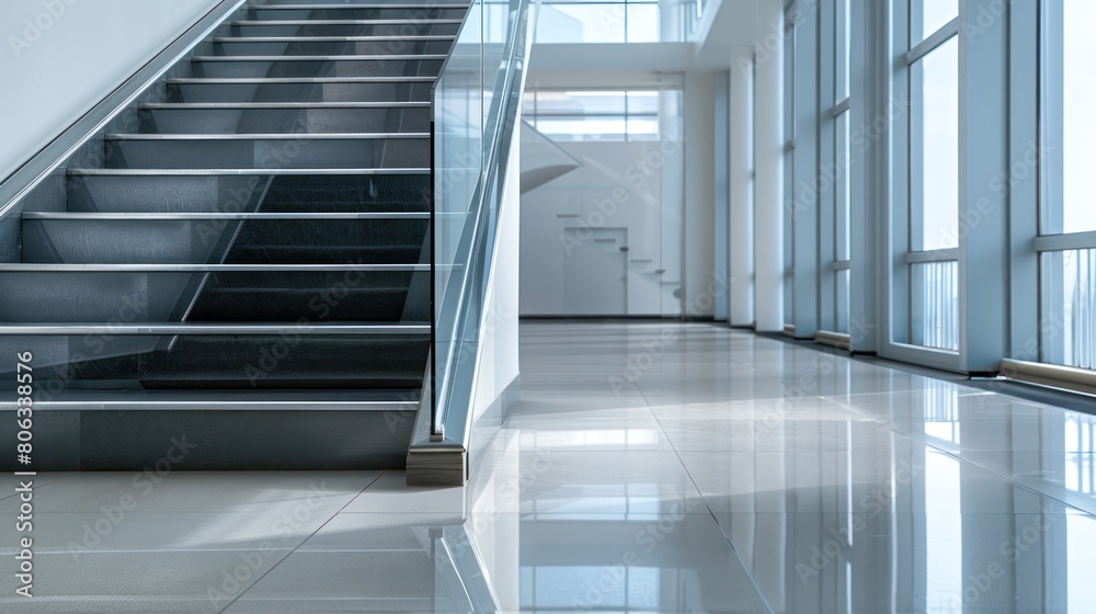 The image presents a modern, bright, and airy interior space with a sleek metallic staircase, clean lines, and expansive windows that let in an abundance of natural light The image presents a modern, bright, and airy interior space with a sleek metallic staircase, clean lines, and expansive windows that let in an abundance of natural light