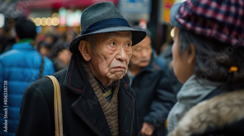 Candid shot of a senior man wearing a hat with a concerned expression among a crowd