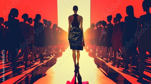 Show a fashion designer at a runway show, feeling like a pretender among her creations photo