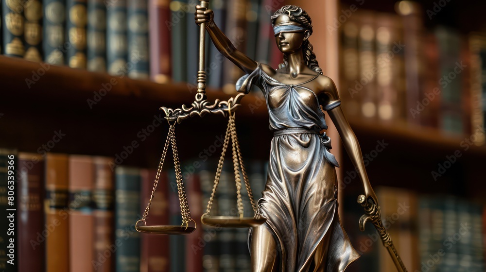 A graceful statue of Lady Justice with justice scales, sharply contrasting with blurred legal tomes in the background A graceful statue of Lady Justice with justice scales, sharply contrasting with blurred legal tomes in the background