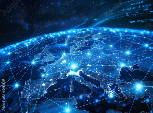 Digital map of Europe with global network connections, blue color theme, stars in the sky, night view from space perspective, glowing lines connecting cities on earth at dark starry background, teleco