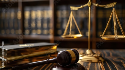 Symbolic legal elements, scales and gavel, rest upon a rich wooden desk, embodying the gravity of the judiciary