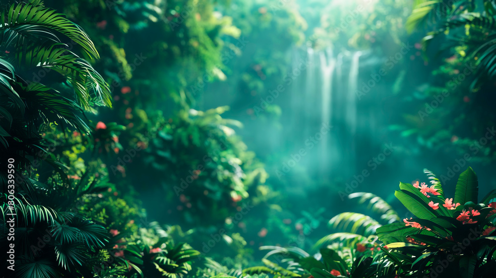 a lush rainforest with vibrant flora and fauna background