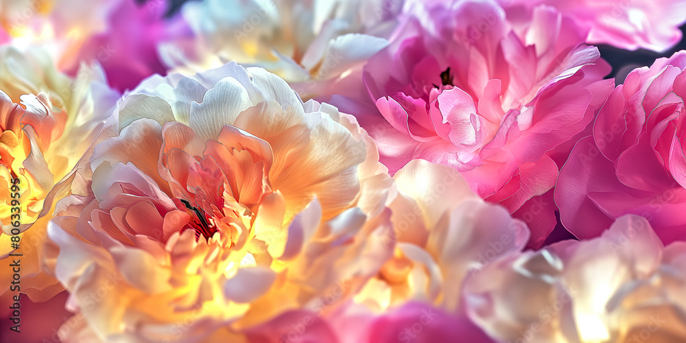 Obraz premium Beautiful pink and white peony flowers close-up. Spring or summer floral background