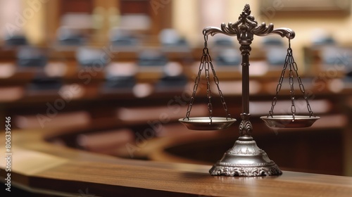 Antique and ornate Scales of Justice placed prominently in front of a blurred courtroom background