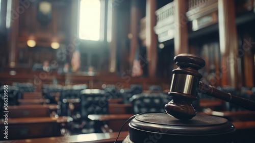 A focused image of a wooden gavel in a courtroom, symbolizing law enforcement and judicial authority photo