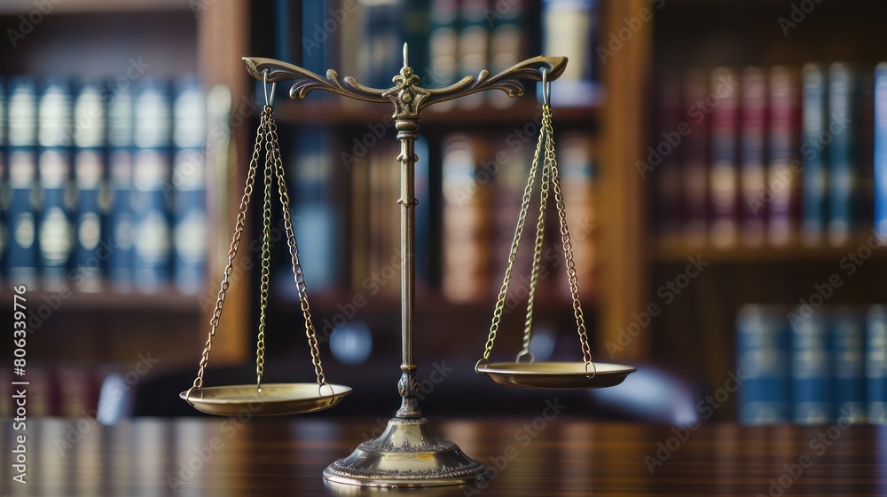 A beautifully focused image of brass scales of justice with a blurred library of legal books in the background
