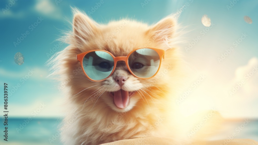 Summer background of A cat wearing sunglasses playfully sticks its tongue out
