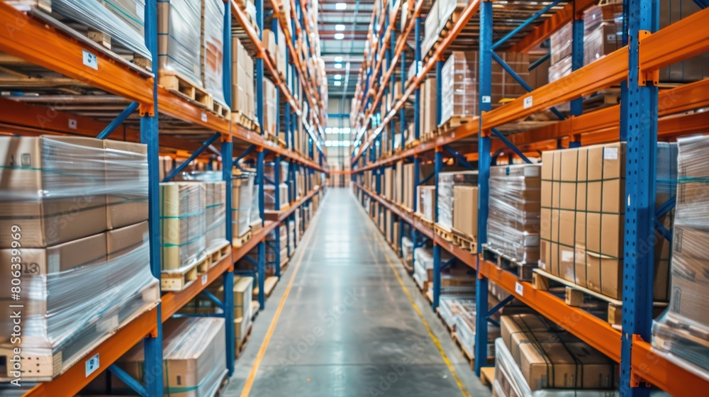 the interior of a modern, well-organized warehouse with tall shelves stocked with goods