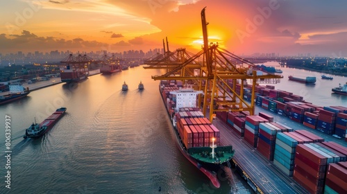 The photograph showcases a bustling harbor scene with cargo ships loaded with containers during a dramatic sunset photo