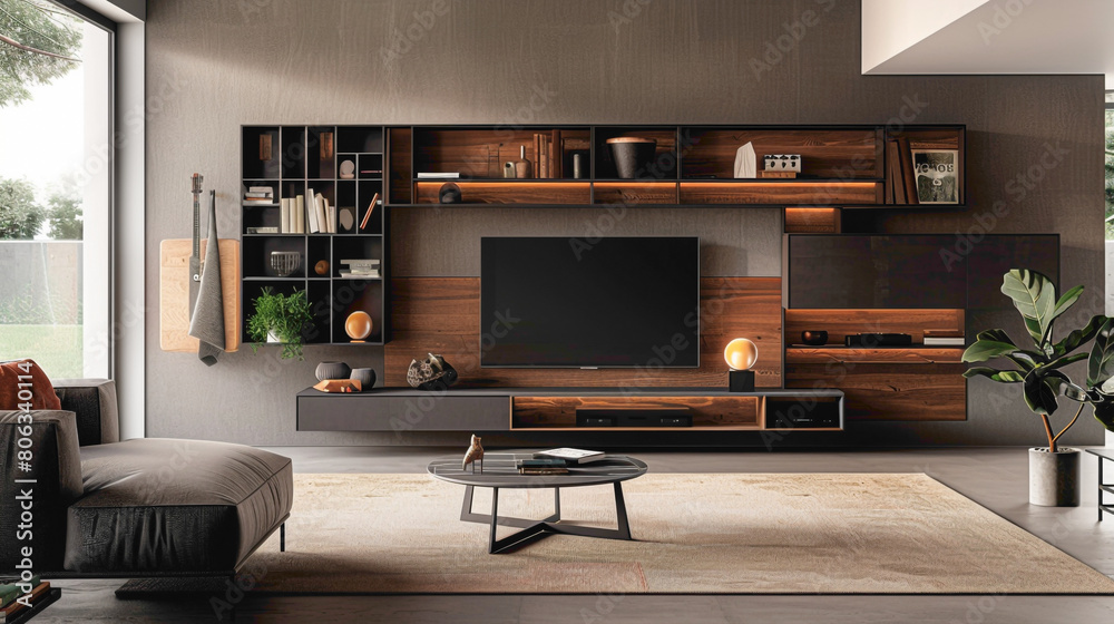 A tastefully decorated living room with a prominent wood floating shelf, enhancing the room's functionality and visual appeal A tastefully decorated living room with a prominent wood floating shelf, enhancing the room's functionality and visual appeal