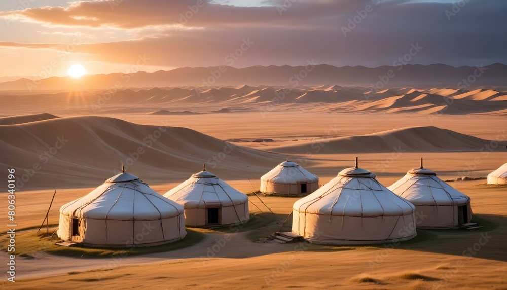 Mongolia sunrise on a yurt camp in Gobi desert