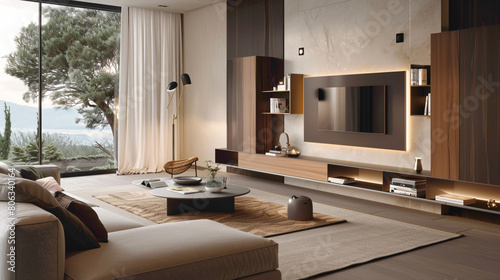 A tastefully decorated living room with a prominent wood floating shelf, enhancing the room's functionality and visual appeal photo