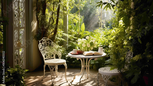 A tranquil corner of a garden room furnished with a vintage white wrought iron chr and a small mosc table, surrounded by lush foliage and dappled sunlight, offering a peaceful spot for contemplation photo