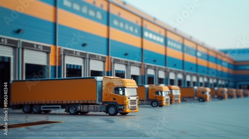 A fleet of yellow delivery trucks parked at a distribution center with colorful warehouse doors in the background