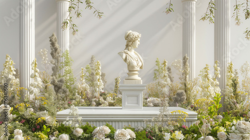 Fototapeta Naklejka Na Ścianę i Meble -   spring summer landscape  garden podium backdrop with geometric arch greek and roman pole . colorful flowers and grass field ,Greek Roman stone gazebo in meadow and flowerbed