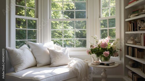 A tranquil reading nook featuring a plush white chse lounge and a small marble-topped table, nestled by a bay window overlooking a garden, offering a peaceful retreat for literary escapades photo