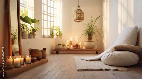 A tranquil yoga studio with a serene white meditation chr and a small altar table, surrounded by candles and incense, creating a peaceful atmosphere for mindfulness practice photo