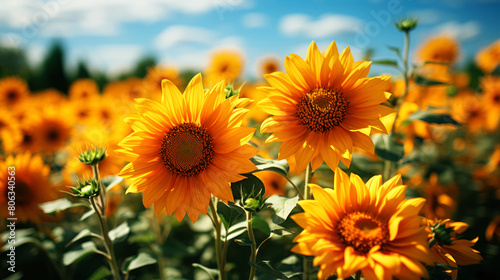 Vibrant Sunflowers Basking in Sunlight in a Lush Field.Generative ai