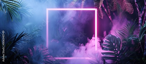 abstract neon glow square frame on tropical jungle background with smoke and palm leaves. empty copy space in middle. photo