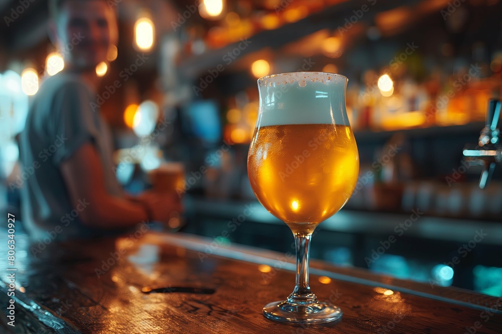Bartender holding glass with beer in hand, bar background Bartender holding glass with beer in hand, bar background