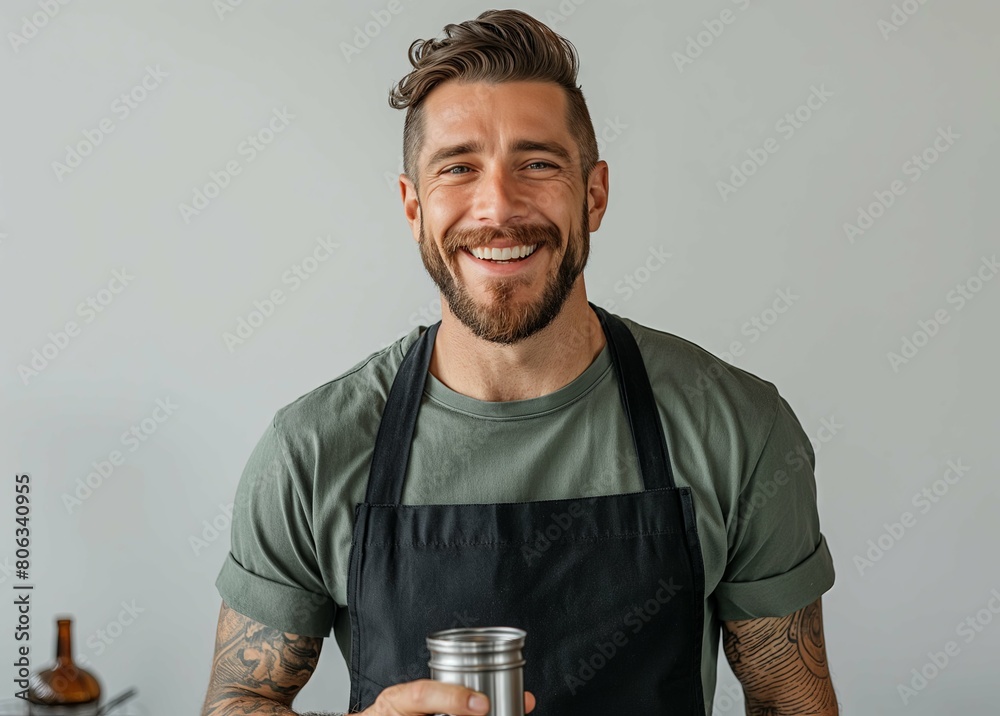 Bartender with cocktail banner on solid background Bartender with cocktail banner on solid background