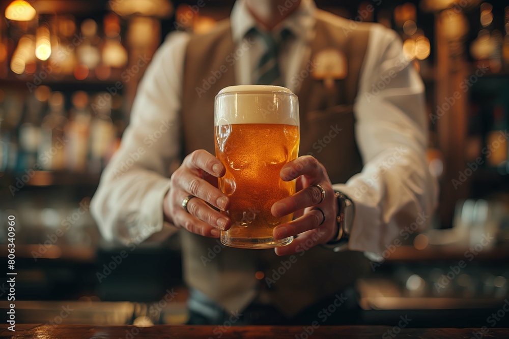 Bartender holding glass with beer in hand, bar background Bartender holding glass with beer in hand, bar background