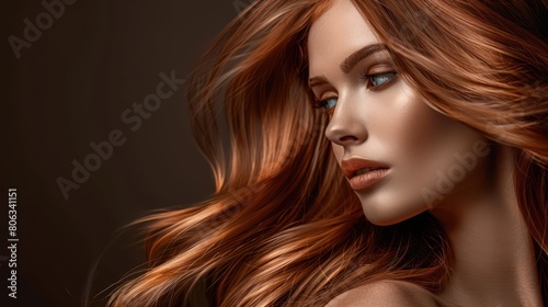 An alluring redhead model with flowing hair exudes sophistication in a dramatic portrait