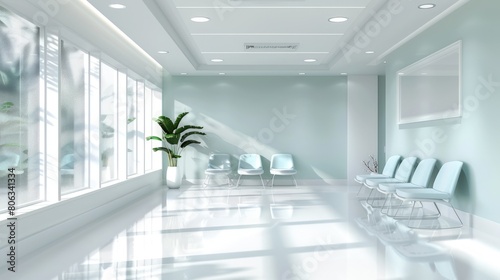 Modern white and light blue hospital waiting room. Generate AI image