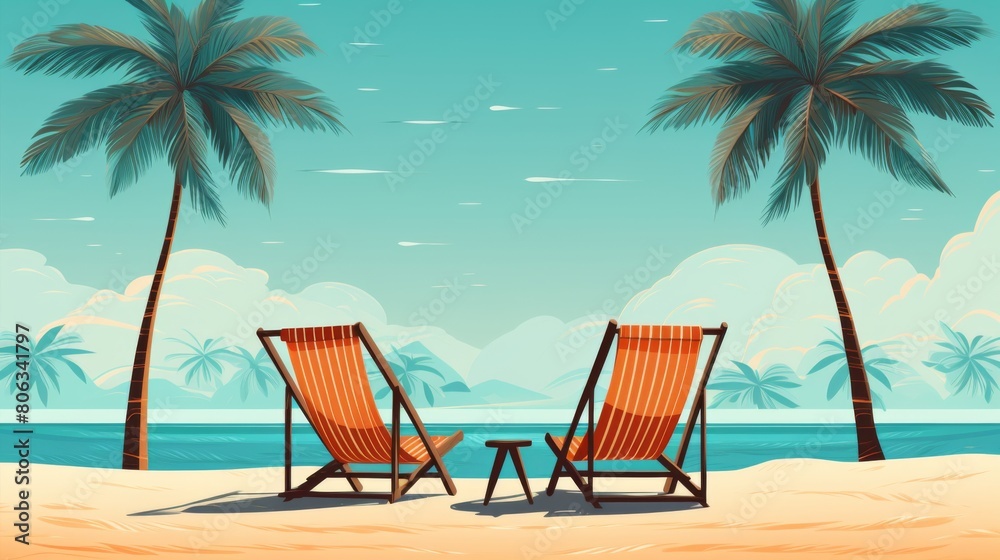 Summer background of Two chairs placed on sandy beach under blue sky