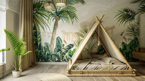 Fototapeta Naklejka Na Ścianę i Meble -  A cozy kid's bedroom featuring a bamboo teepee and a vibrant tropical jungle wallpaper, complete with lush greenery and wildlife.