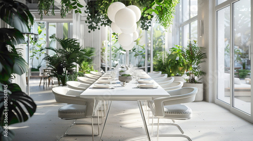 An elegant dining area with a long, polished white table set agnst a backdrop of verdant indoor plants, inviting a sense of freshness and sophistication photo